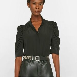 Frame Gillian Ruched Sleeve Silk Top SMALL Black